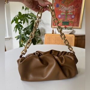 Italian Leather Slouchy Pouch Handbag - Brown - Detachable Chain Strap